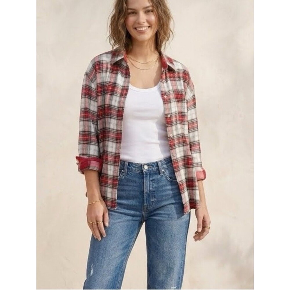 American Eagle Oversized Plaid Flannel Shirt Red White M